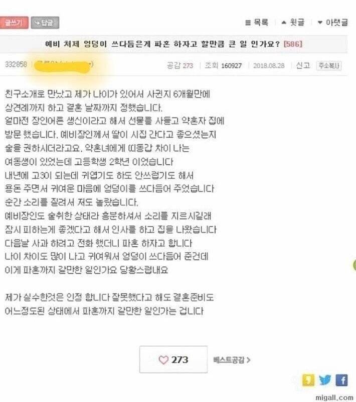 예비 처제 엉덩이 쓰다듬은게 파혼할 만큼 큰 일인가요