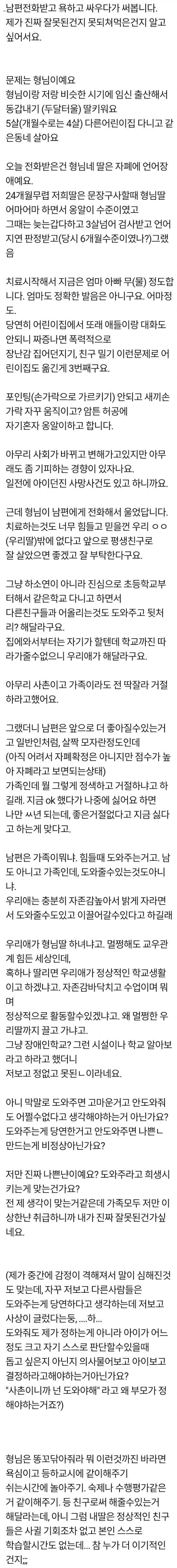 형님이 자폐아 자식 돌봐달라는 거 때문에 남편이랑 싸웠어요