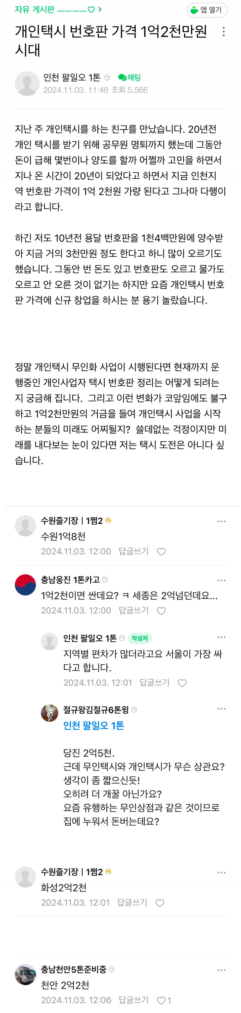 개인택시 번호판 가격 1억2천만원 시대