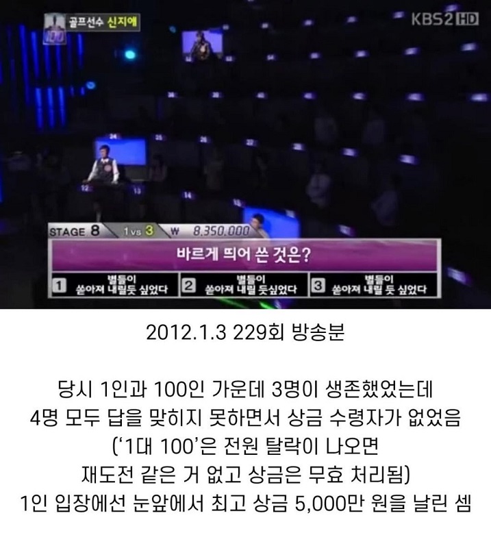 눈앞에서 상금 5,000만 원을 날린 '1대 100' 문제 .