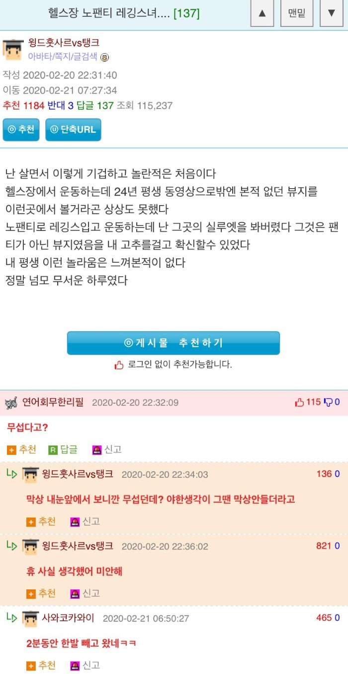헬스장 레깅스녀를 본 후기